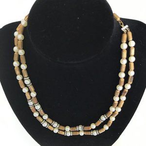Gold, Pearls and Rhinestone Double Strand Necklace